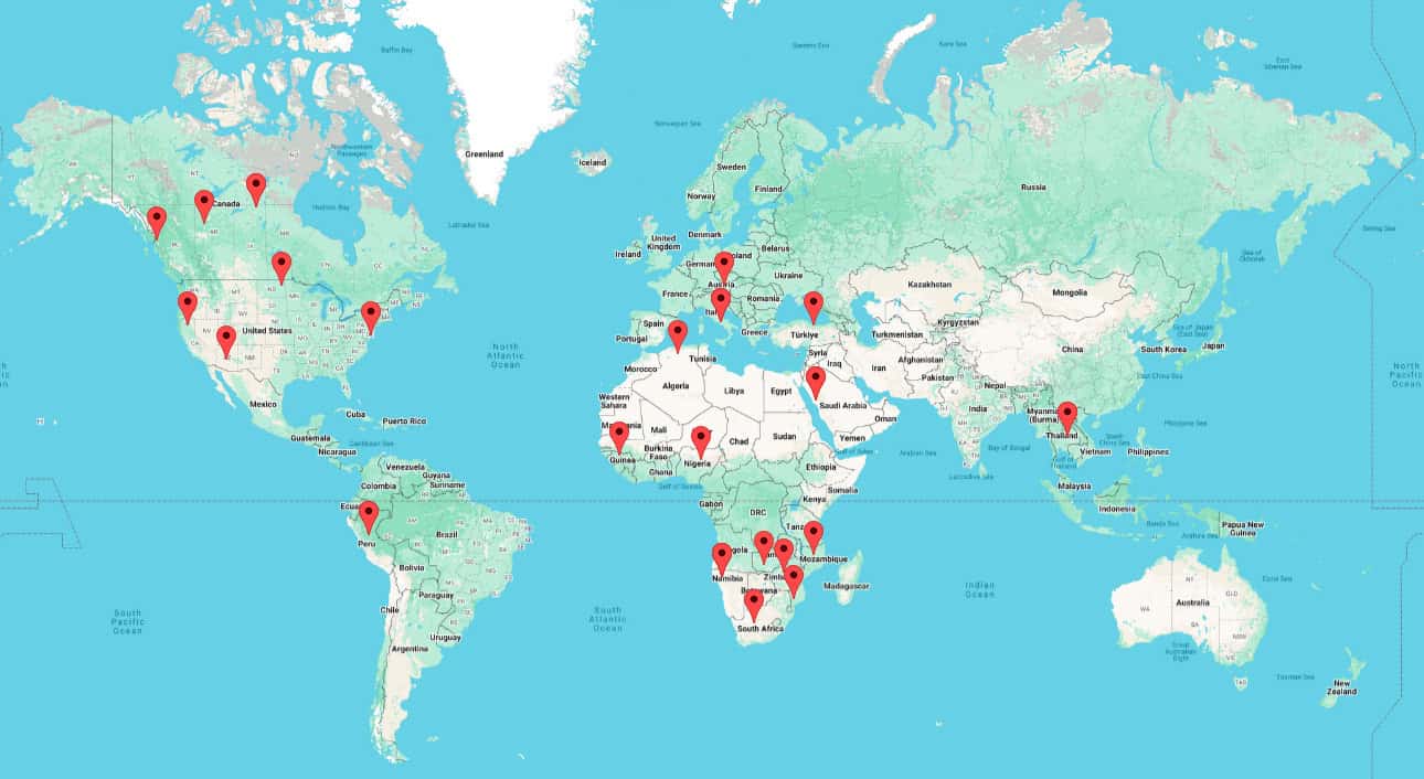 World map with pins marking completed Xrosswater projects